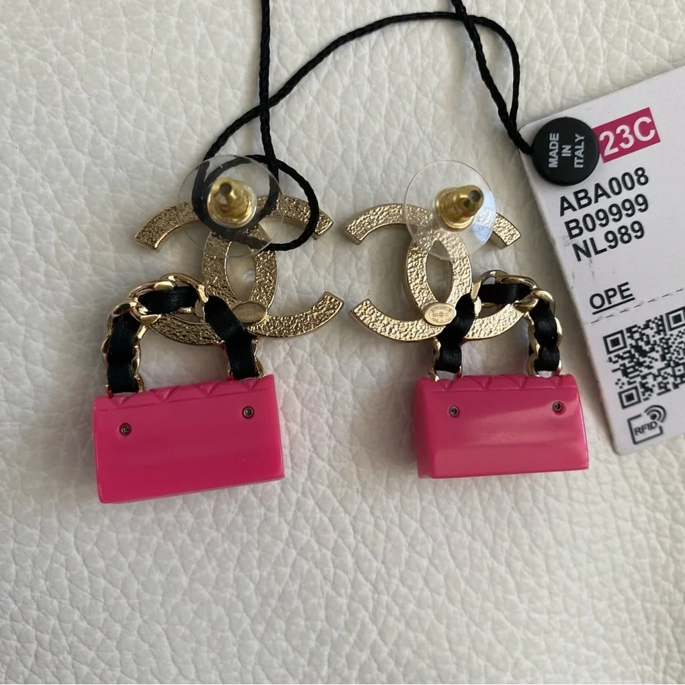 Chanel Barbie Pink Bag Earrings with big CC